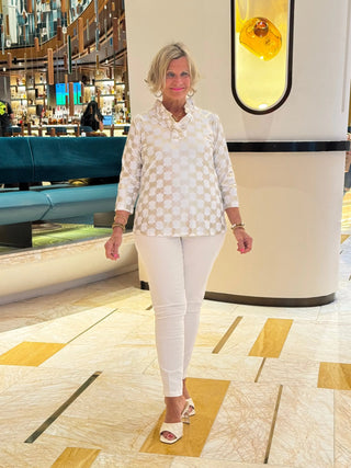 HOLIDAY GOLD AND WHITE RUFFLE TOP LULU-B