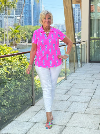 LULU B SEAHORSE BAY SHORT SLEEVE V-NECK COLLAR TOP LULU-B