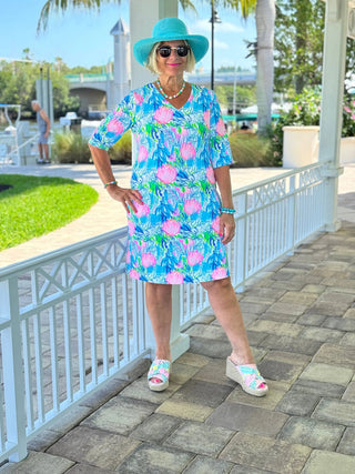 SEASHELL BEACH ELBOW SLEEVE DRESS - Cathys Place