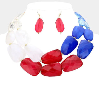 American USA Flag Tiered Resin Pebble Necklace BEACH STYLE