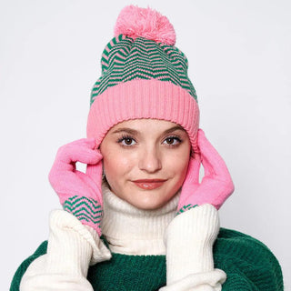 Zigzag Chevron Patterned Pom Pom Beanie Hat Art Collections