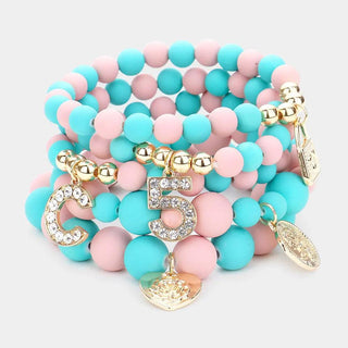 .5 Heart Lock Charm Beaded Stretch Bracelets 5PCS - Art Collections