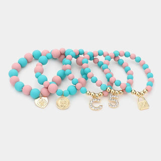 .5 Heart Lock Charm Beaded Stretch Bracelets 5PCS - Art Collections