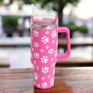 Dog Paw Pink  Printed 40oz Stainless Steel Tumbler With Handle BEACH STYLE