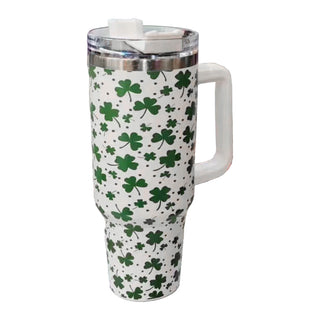St Patricks Clover Printed 40oz Stainless Steel Tumbler With Handle
