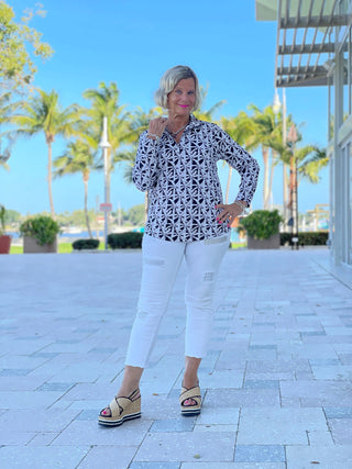 BLACK AND BEIGE PALM ZIPPER TOP - Cathys Place