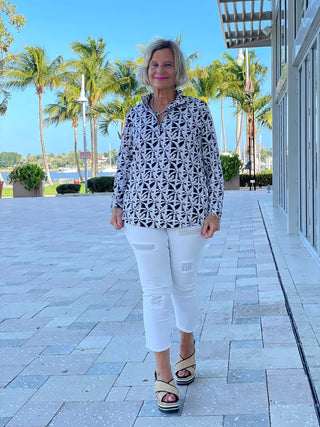 BLACK AND BEIGE PALM ZIPPER TOP - Cathys Place