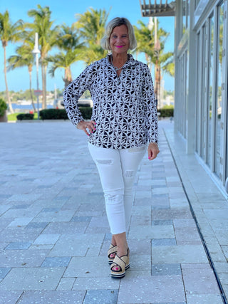 BLACK AND BEIGE PALM ZIPPER TOP - Cathys Place