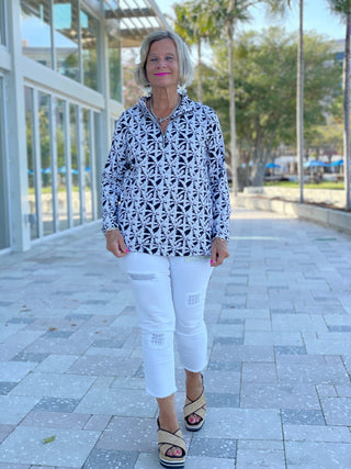 BLACK AND BEIGE PALM ZIPPER TOP - Cathys Place