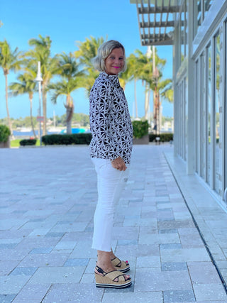 BLACK AND BEIGE PALM ZIPPER TOP - Cathys Place