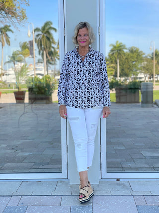 BLACK AND BEIGE PALM ZIPPER TOP - Cathys Place