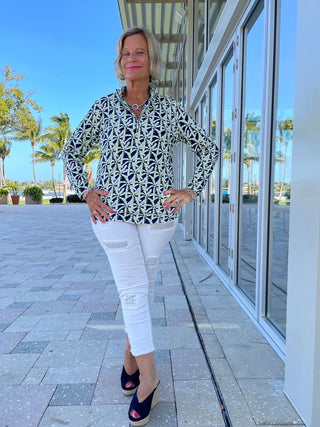 GREEN AND NAVY PALM ZIPPER TOP - Cathys Place