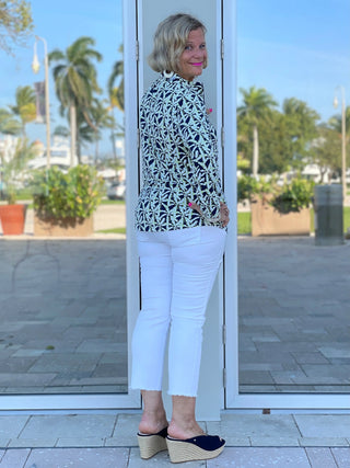 GREEN AND NAVY PALM ZIPPER TOP - Cathys Place