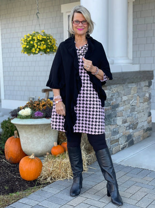 PINK HOUNDSTOOTH RUFFLE NECK DRESS - Cathys Place