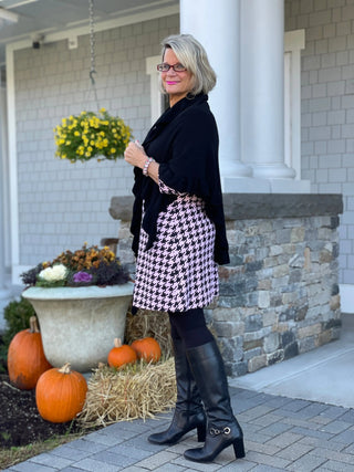 PINK HOUNDSTOOTH RUFFLE NECK DRESS - Cathys Place