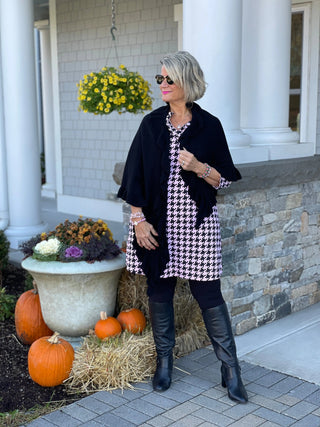 PINK HOUNDSTOOTH RUFFLE NECK DRESS - Cathys Place