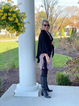 PINK HOUNDSTOOTH RUFFLE NECK DRESS - Cathys Place