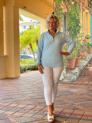 POWDERED BLUE ZIPPER TOP - Cathys Place
