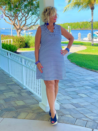 NAUTICAL NAVY SLEEVELESS RUFFLE DRESS - Cathys Place