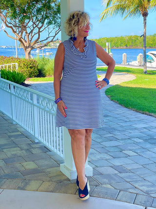 NAUTICAL NAVY SLEEVELESS RUFFLE DRESS - Cathys Place
