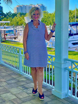 NAUTICAL NAVY SLEEVELESS RUFFLE DRESS - Cathys Place