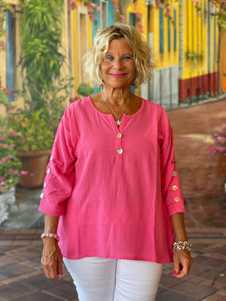 PINK WAFFLE 3 BUTTON TOP - Cathys Place
