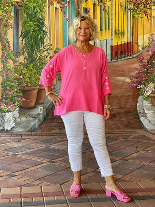 PINK WAFFLE 3 BUTTON TOP - Cathys Place