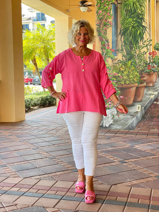 PINK WAFFLE 3 BUTTON TOP - Cathys Place