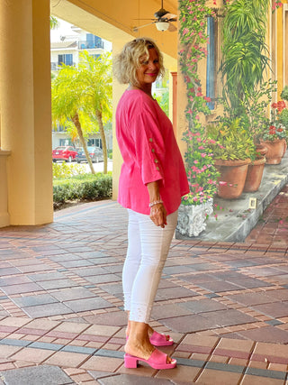 PINK WAFFLE 3 BUTTON TOP - Cathys Place