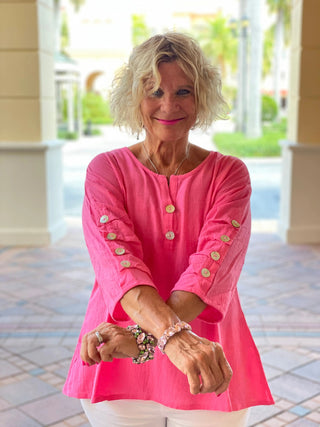 PINK WAFFLE 3 BUTTON TOP - Cathys Place