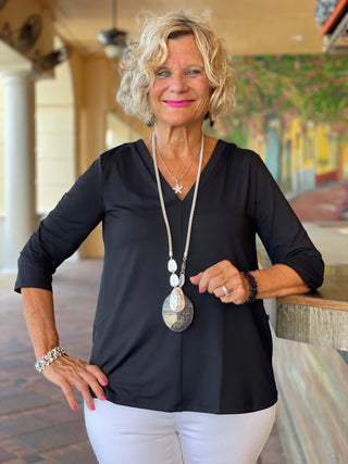 TAILORED BLACK SLEEVE V TOP - Cathys Place