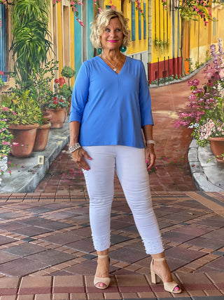 TAILORED SLEEVE ISLAND BLUE V TOP - Cathys Place