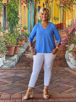 TAILORED SLEEVE ISLAND BLUE V TOP - Cathys Place