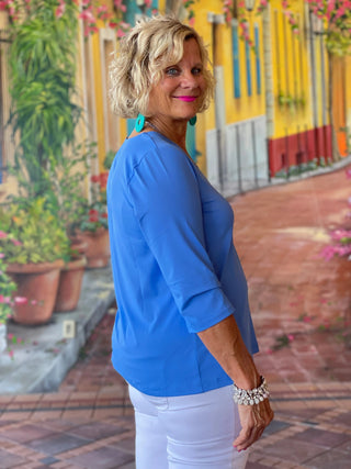TAILORED SLEEVE ISLAND BLUE V TOP - Cathys Place