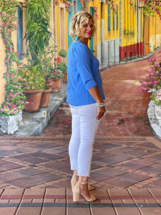 TAILORED SLEEVE ISLAND BLUE V TOP - Cathys Place