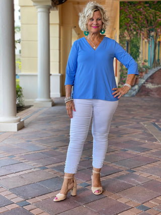 TAILORED SLEEVE ISLAND BLUE V TOP - Cathys Place