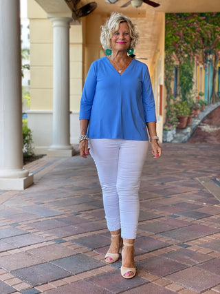 TAILORED SLEEVE ISLAND BLUE V TOP - Cathys Place