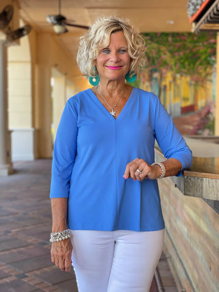 TAILORED SLEEVE ISLAND BLUE V TOP - Cathys Place