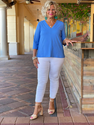 TAILORED SLEEVE ISLAND BLUE V TOP - Cathys Place