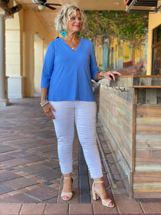 TAILORED SLEEVE ISLAND BLUE V TOP - Cathys Place