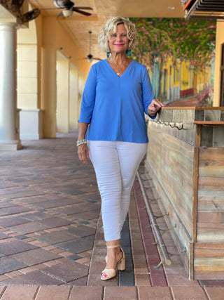 TAILORED SLEEVE ISLAND BLUE V TOP - Cathys Place