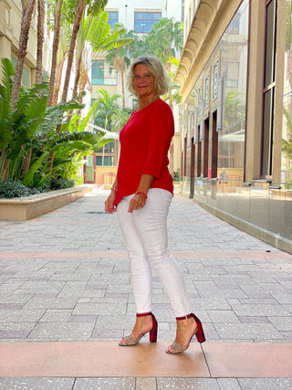 CRIMSON RED ASYMMETICAL TOP LULU-B