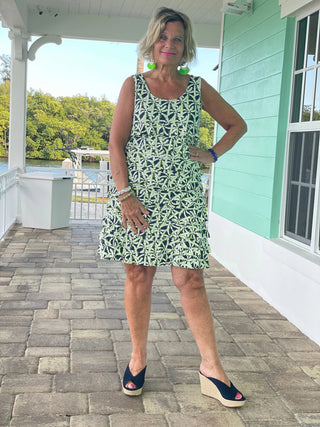 GREEN AND NAVY PALM LAYERED RUFFLE DRESS - Cathys Place