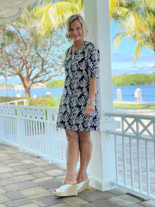 NAUTICAL LANE ELBOW SLEEVE DRESS - Cathys Place