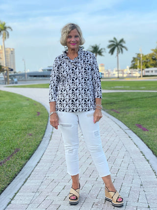 BLACK AND BEIGE 3/25 RUFFLE TOP - Cathys Place