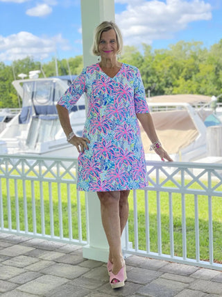PINK PALM TREE ELBOW SLEEVE DRESS - Cathys Place