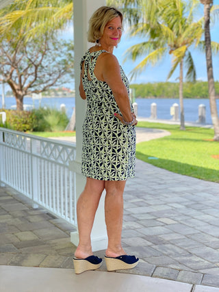GREEN AND NAVY PALM HALTER DRESS - Cathys Place