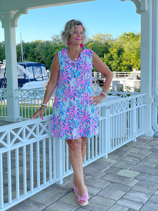 PINK PALM TREE BEACH RUFFLE DRESS - Cathys Place