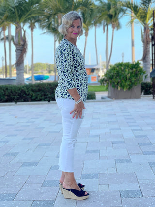 GREEN AND NAVY V-NECK TOP - Cathys Place