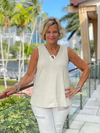 TAILORED STONE V- NECK TOP - Cathys Place